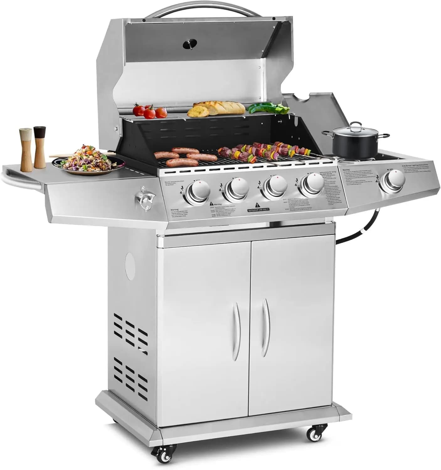 Propane Gas Grill 4 Burners with Side Burner, Stainless Steel Grill Cart with Wheels for Outdoor Patio Garden Backyard Cooking
