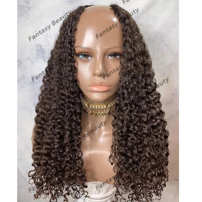 Dark Chocolate Brown Natural Jerry Curly Peruvian 100% Human Hair Wigs for Black Women Cheap 1x4 Opening U Part/V Part Wigs