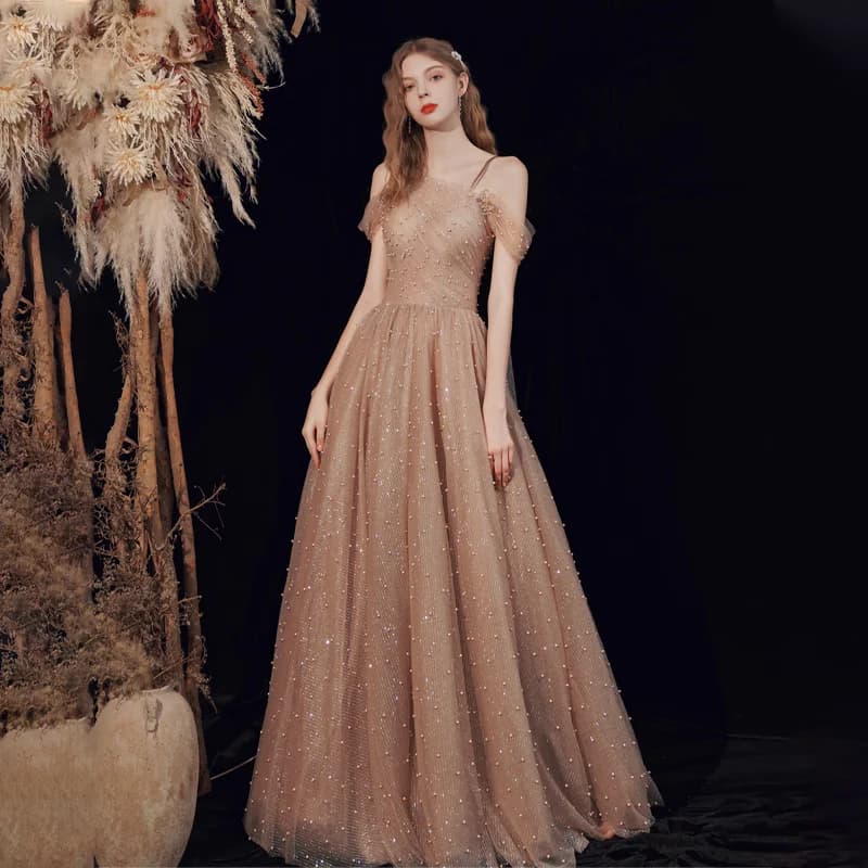 It's Yiiya Evening Dresses Champagne Bling Tulle Off the Shoulder A-line Floor-length Plus size Women Party Formal Gowns A3020