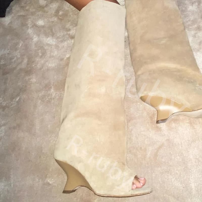 2025 High-quality Peep Toe Women's Knee High Boots Round Toe Wedges Suede Woman Long Boots Party Wedding Versatile Female Shoes