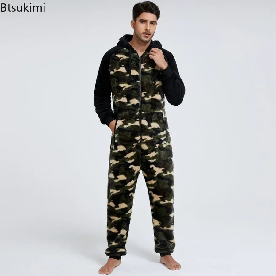 New 2025 Autumn Winter Casual Flannel Onesies Hoodie Jumpsuit Pajama Men Soft Jumpsuits Hoodie Zipper Sleepwear Male Homewear