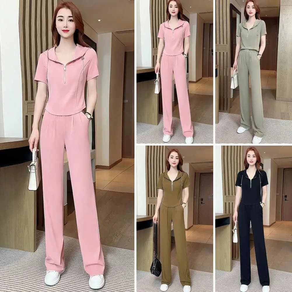 Wide-leg Trousers Stylish Women's 2-piece Set Short Sleeve Hooded Sweatshirt Wide Leg Pants Comfortable Elastic Waist for Sport