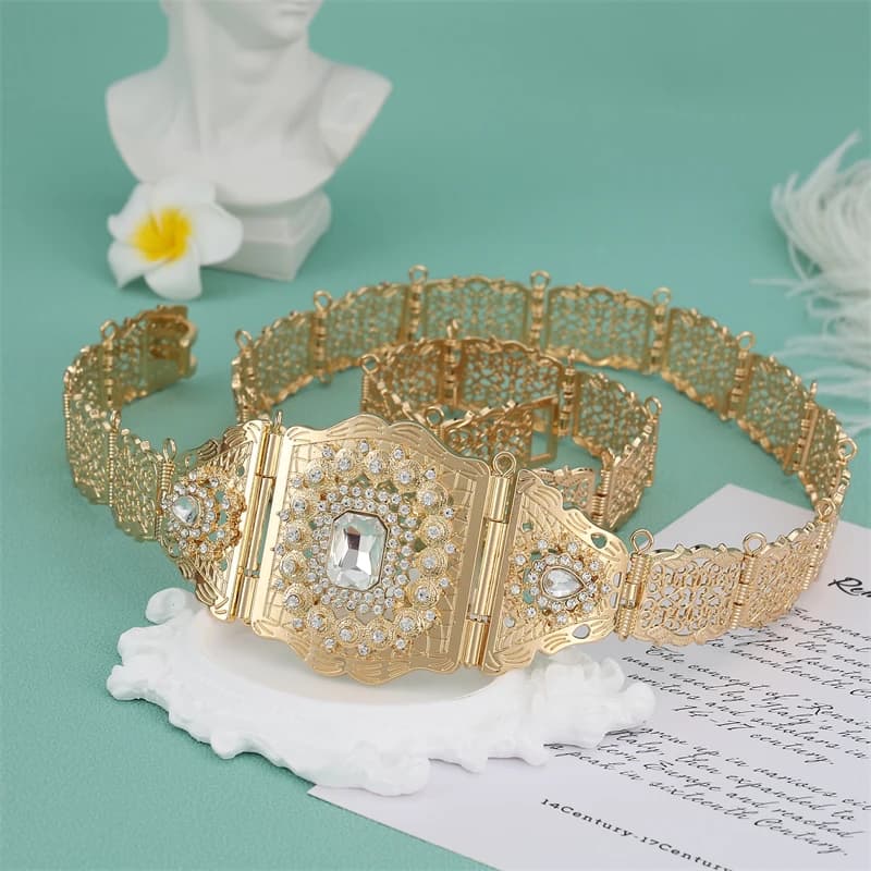 Turkish Sun spicem Chic Algeria Morocco Belt for Women Gold Color Arabian Caftan Waist Belt Crystal Bride Wedding Jewelry Body