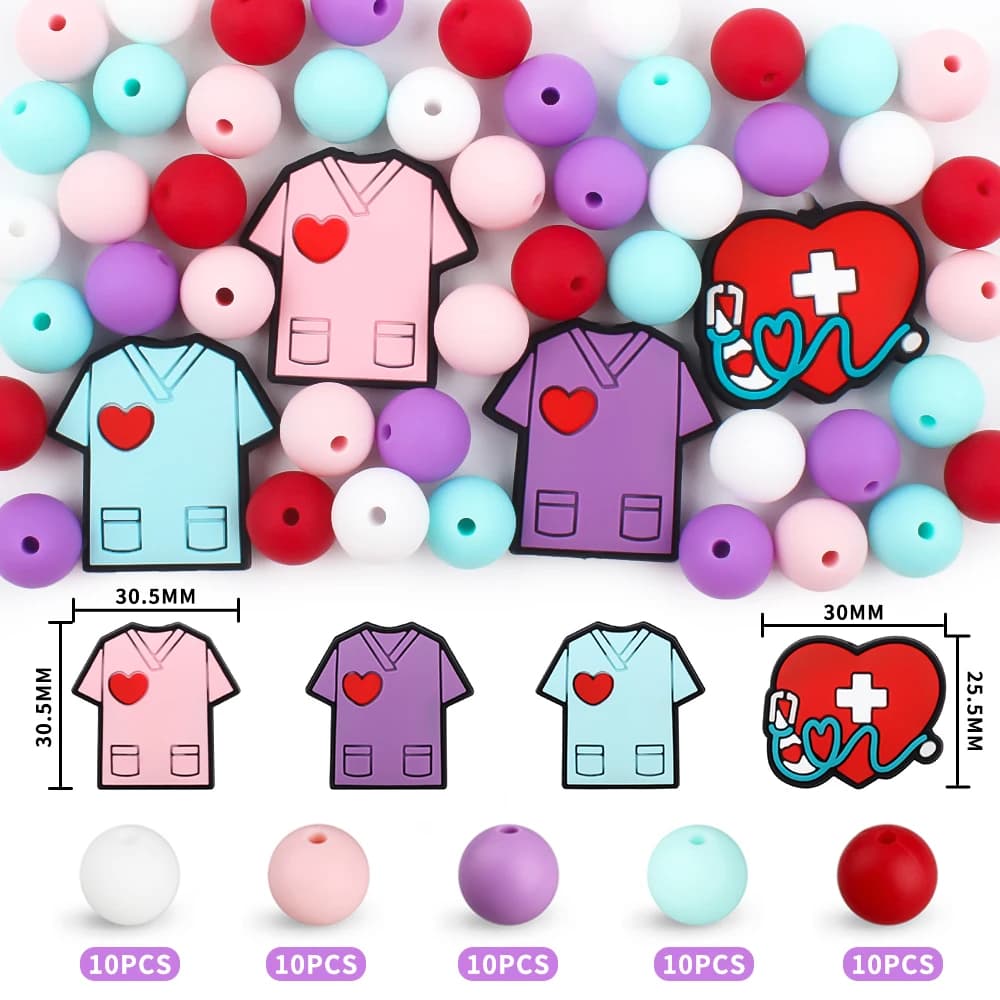 54Pcs 12MM Silicone Beads Nurse Clothes Theme Focal Beads For Jewelry Making DIY Creative Key Bag Chain Handmade Craft Supplies