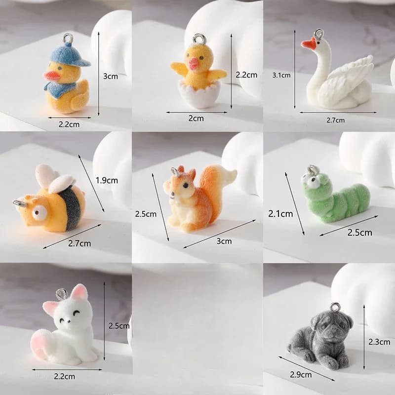 20Pcs 3D Cute Flocked Fox Duck Charms Cartoon Animal Resin Pendant For Phone Bag Keychain Necklace Earrings Diy Jewelry Make