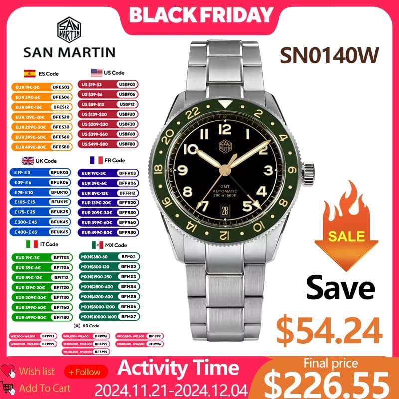 San Martin SN0140W 38mm NH34 GMT Watch Fashion Sports Automatic Mechanical Watches Sapphire Luminous 20 Bar Dive Wristwatch