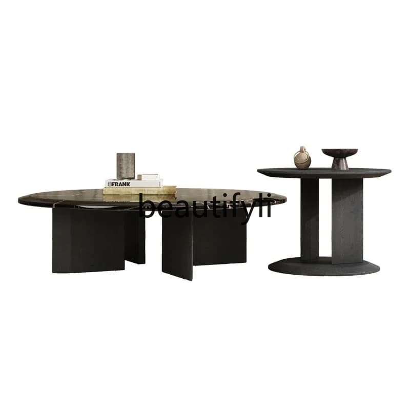 Italian minimalist high-end marble coffee table combination creative smoked wood round coffee table