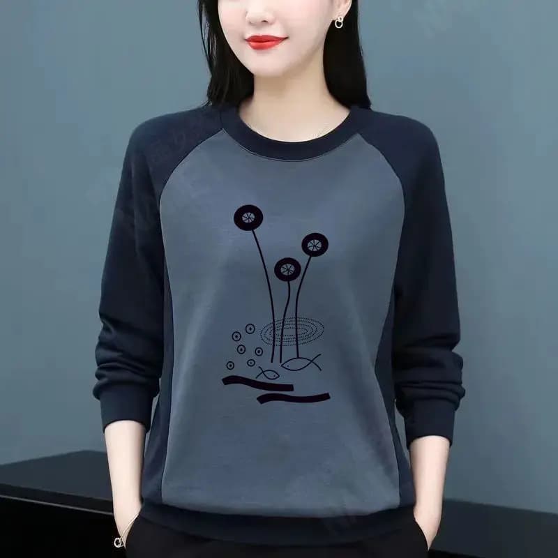 Fleece Warm Crew Neck Long Sleeve T Shirt Women Patchwork Print Basic Blouse Female Tee Top Middle Age Lady Loose Casual Pullove