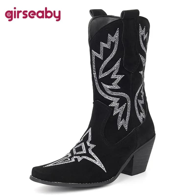 Girseaby Flock Suede Female Western Boots Square Toe Block Heels 7.5cm Slip On Embroider Plus Size 44 45 46 Leisure Retro Bota