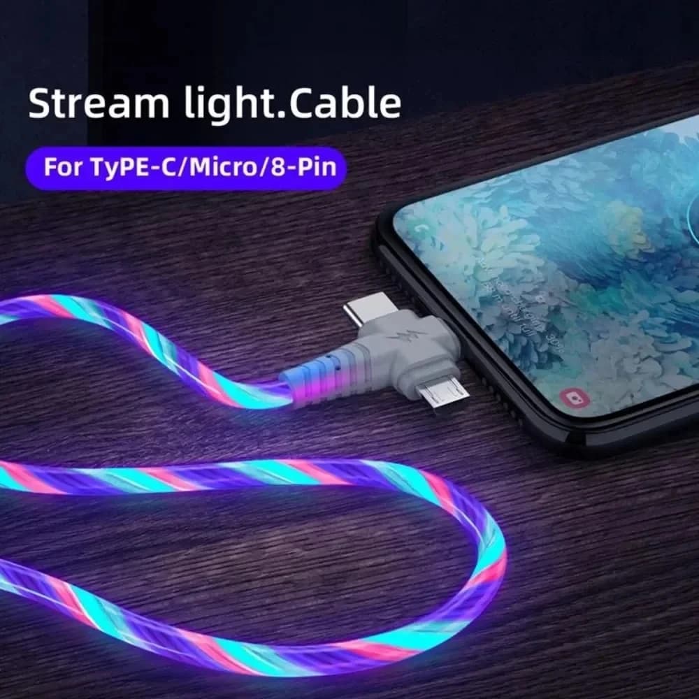 3A three in one first-class luminous USB cable LED cable USB to Micro USB/C-type/8-pin charger wire, suitable for smartphones