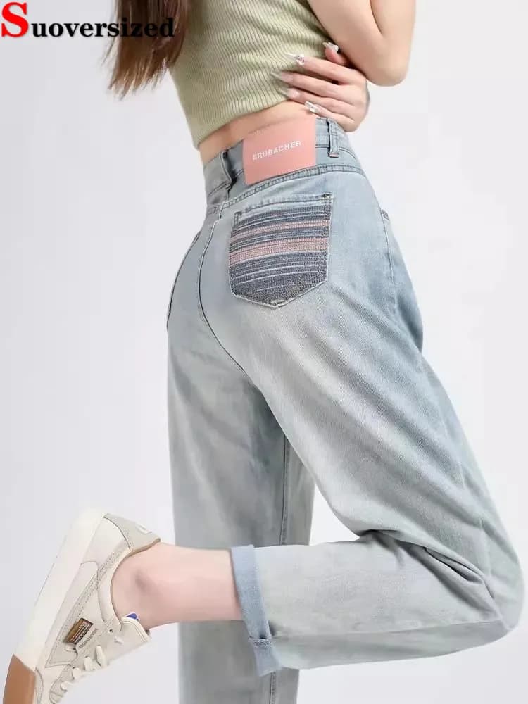 Embroidery High Waist Baggy Harem Pants Korea Fashion Pantalones Casual Pencil Vaqueros Women Streetwear Vintage Denim Pants