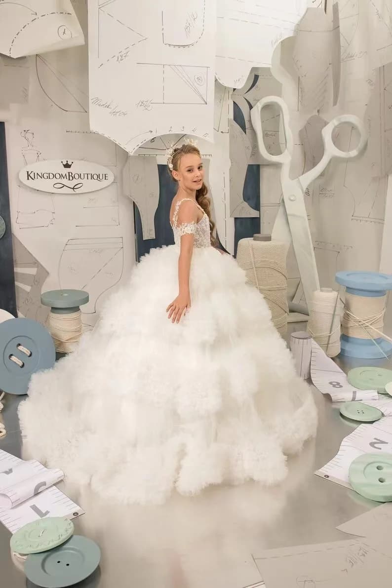 Gorgeous White Tulle Puffy Flower Girl Dress For Wedding Applique Floor Length Child's First Eucharistic Birthday Party Dresses