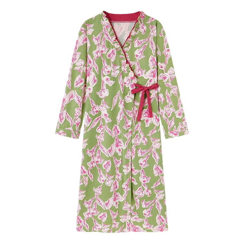 Autumn V-Neck Kimono Nightdress Long-sleeve Nightgown Cotton Casual Tracksuit Pijamas Mujer Big Yards 4XL Floral Skirt Sleepwear