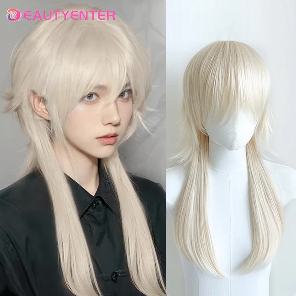 Mullet Head Wig Short Synthetic Straight golden black Fluffy Natural Wolf Tail Hair Men and Women Wig for Daily Party Cosplay