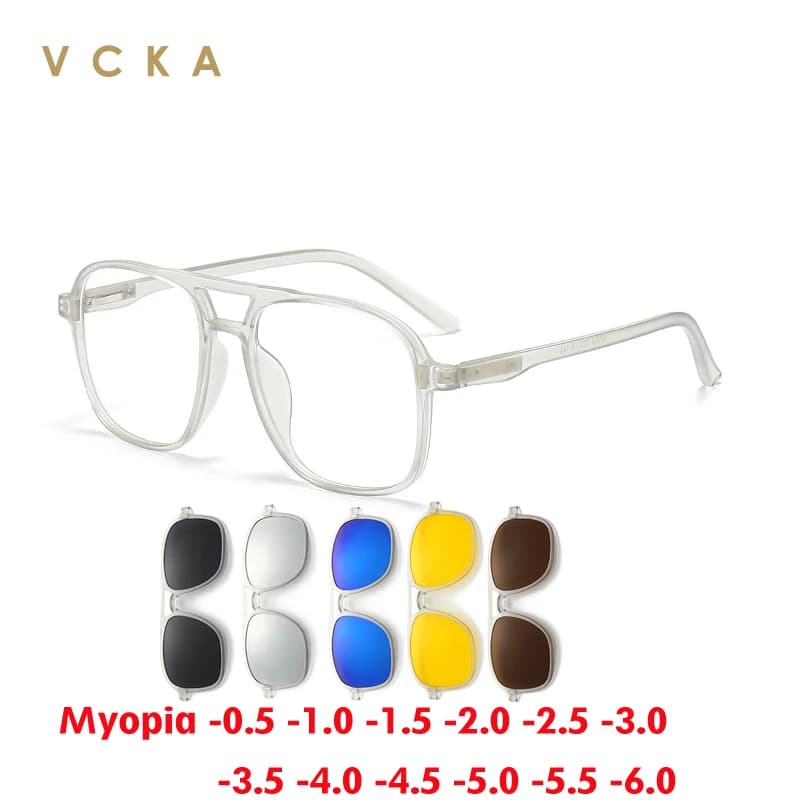 VCKA 6 In 1 Magnetic Clip Myopia Sunglasses Men Women Glasses Frame Optical Eyeglasses Polarized Custom Optics -0.5 TO -6.0