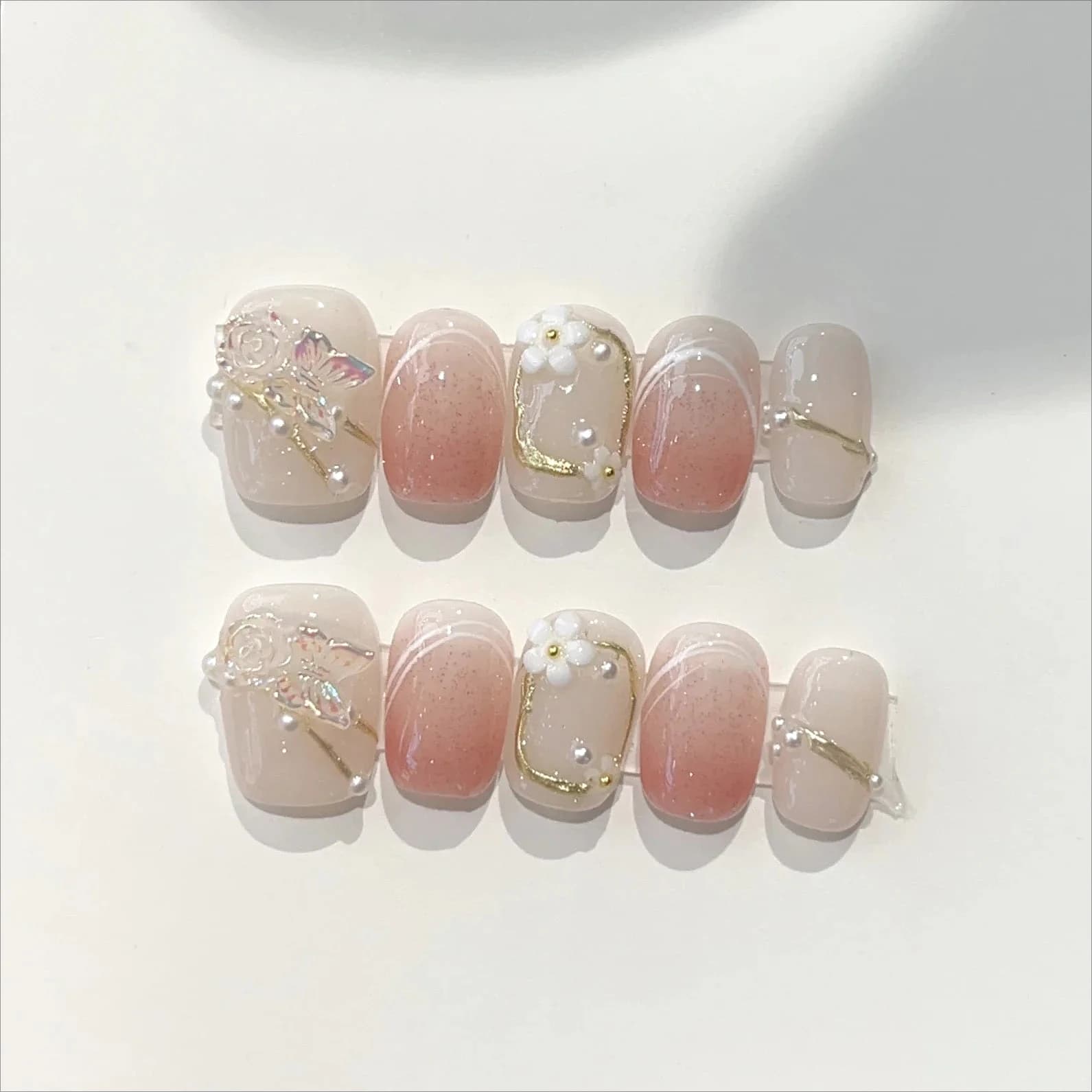 10Pcs Sweet Cute Pink Short Square Press on False Nails Handmade Full Cover Peach Floral False Nails French Artificial Manicure