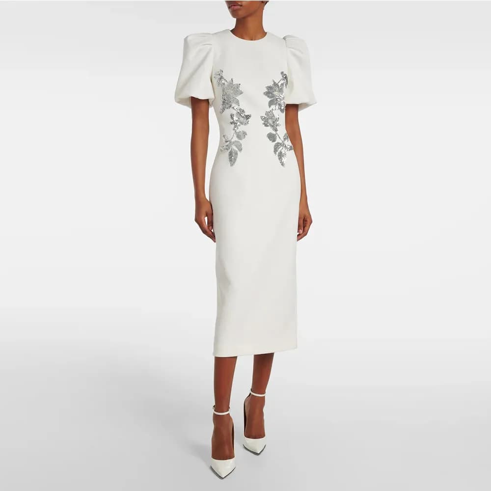 Fashion Ivory Evening Gown For Women Sheath Formal Party Dress Tea Length Short Sleeves Prom Dress Sequin Appliques Saudi Dress