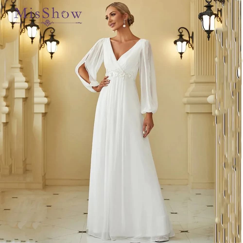 MisShow Simple Wedding Dresses For Women 2025 Elegant V-Neck Chiffon White Slit Sleeves A-Line Lace Boho Bridal Gowns Customized