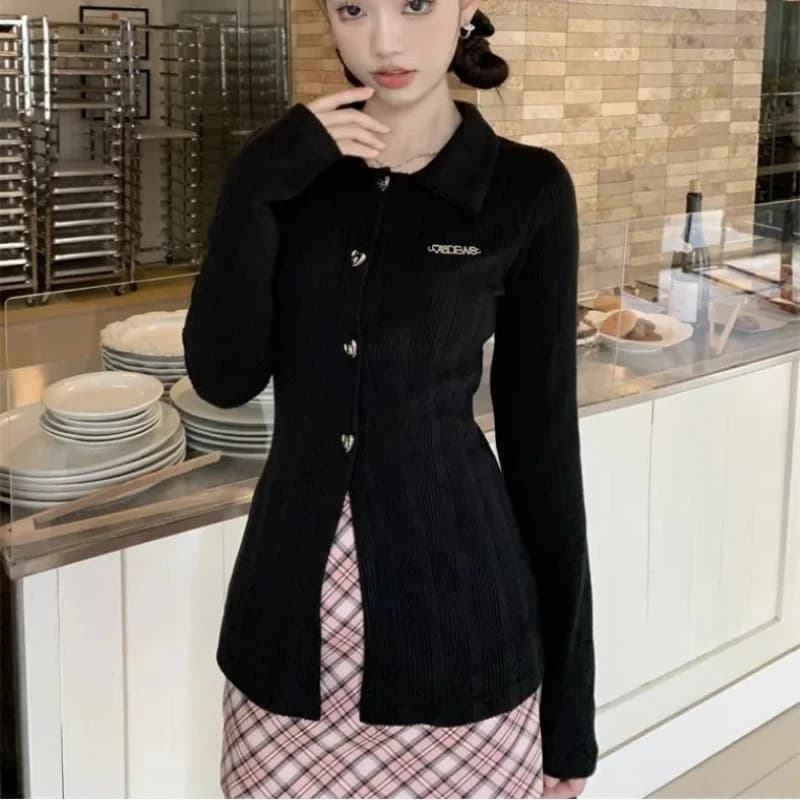Spicy Girl Style Polo Collar Long Sleeved Knitted Cardigan for Female Niche Slim Fit and Slimming Long Sleeved Top Jacket