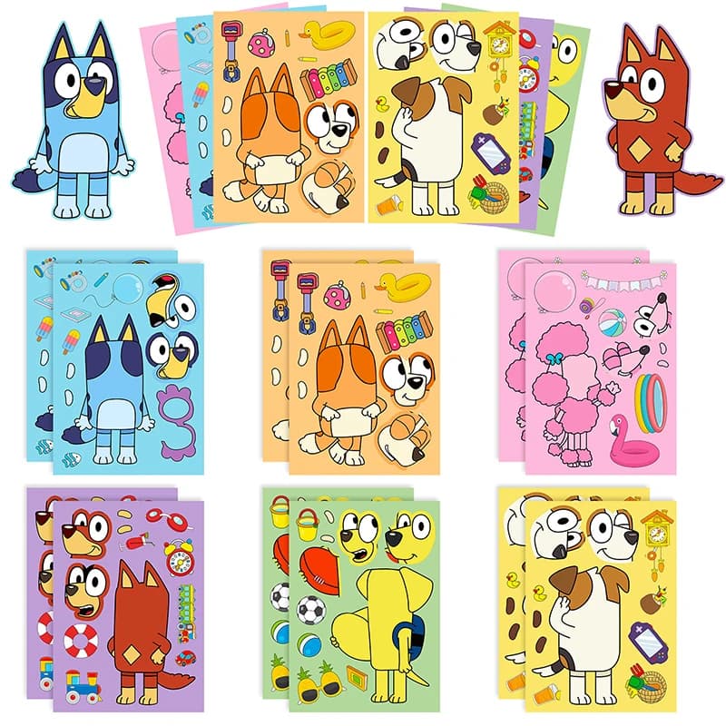 6/12/18pcs Bluey Anime Cartoon Dog Puzzle Stickers Cute Children DIY Color Puzzle Education Stickers Kids Toys Gift