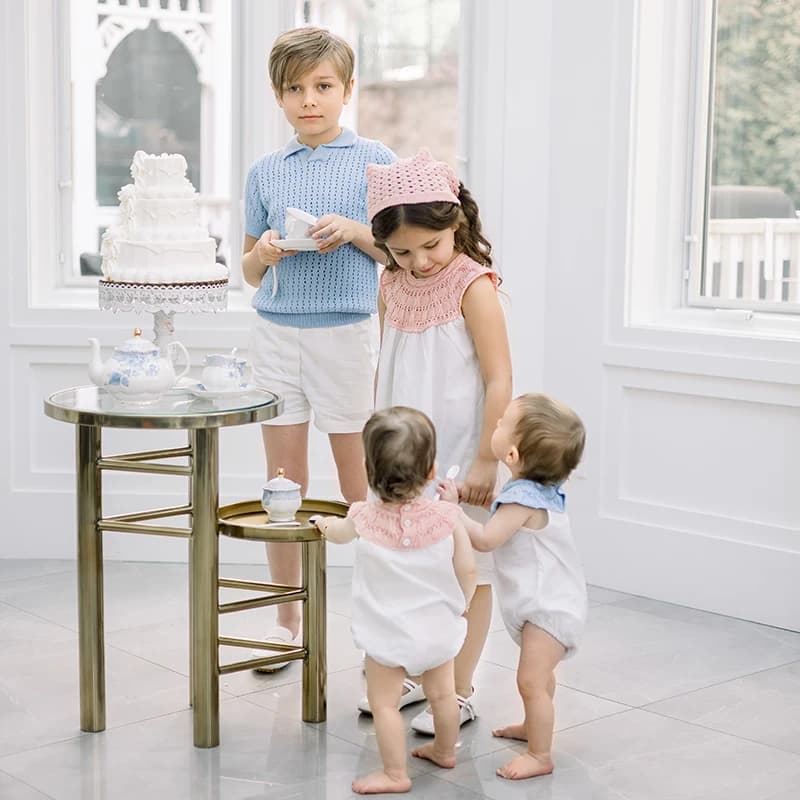 Ali Plus SS25 boys blue knit Shabbos romper toddler set and boys top and pants Girls pink knit dress and romper