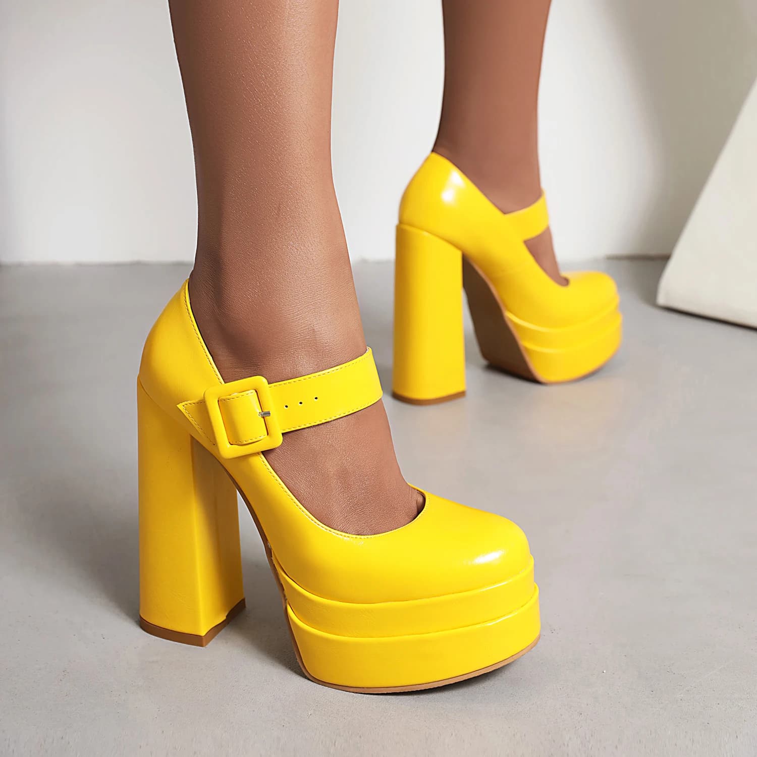 2024 Round Toe Super High Thick Heel Square Button Shallow Pumps Three-Layer Super High Platform Breathable High-Heeled Shoes