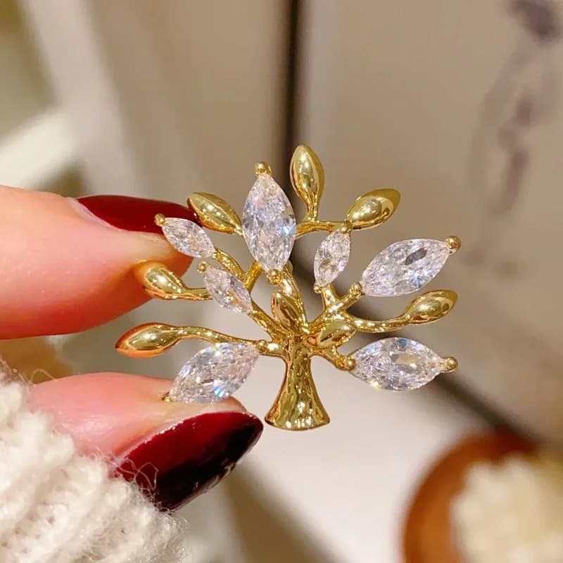Korean Fashion  Exquisite Inlaid Zircon Leaf Tree of Life Brooches for Women Wedding Party Brooch