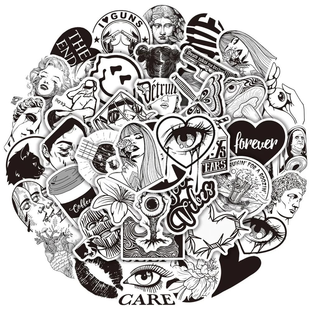 10/30/50PCS Graffiti Black and White Art Styling Stickers Laptop Luggage Phone Case Guitar Fridge Car Motorcycle Cool Ins Decals