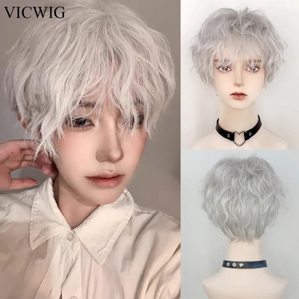 White Gray Anime Cosplay Curly Synthetic Short Wig with Bangs Women and Men Fluffy Nature Hair Heat Resistant Wig for Party
