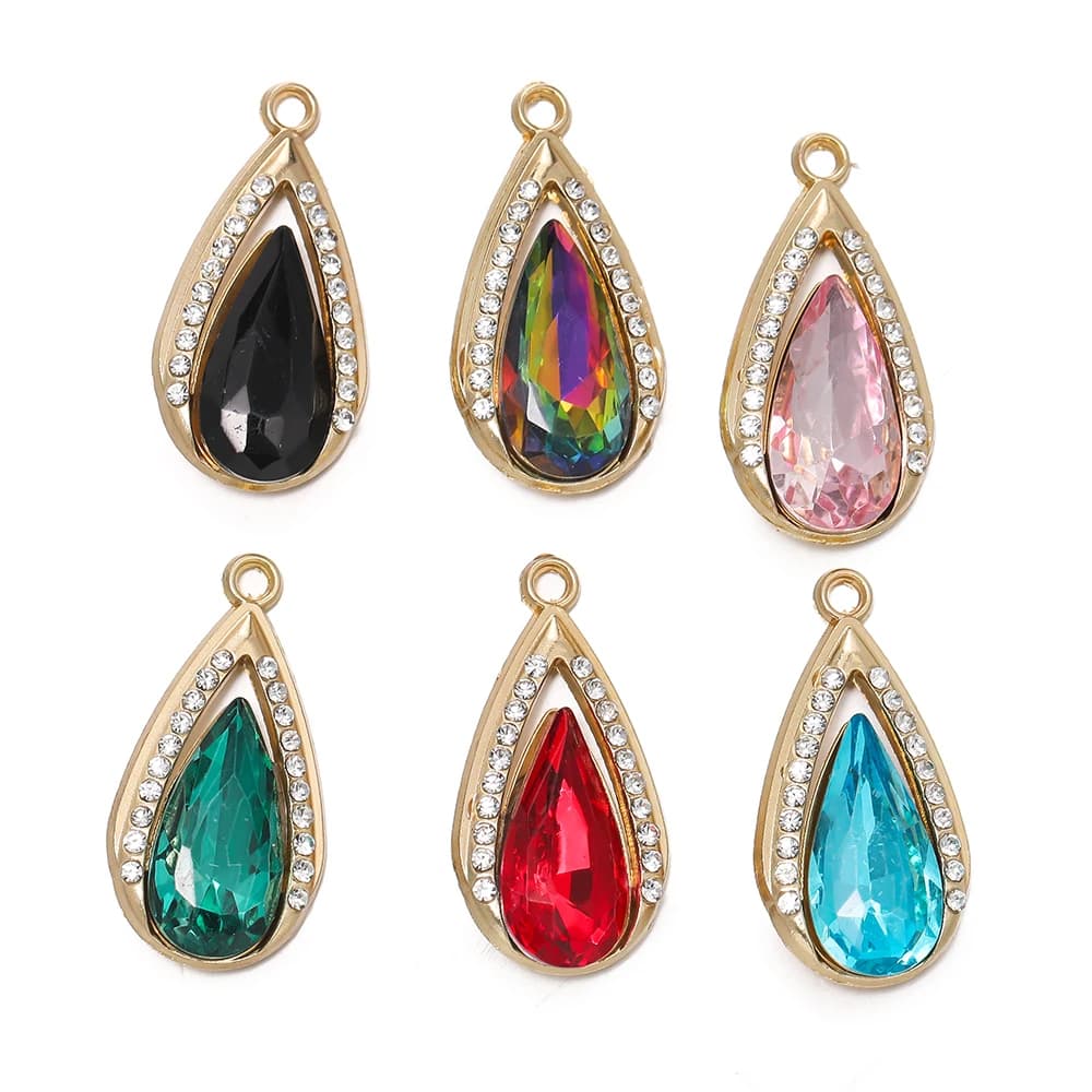 5pcs/lot Drop Shaped Zircon Glass Alloy Pendants Rhinstone Charms For DIY Jewelry Necklace Making Accessories Decoration