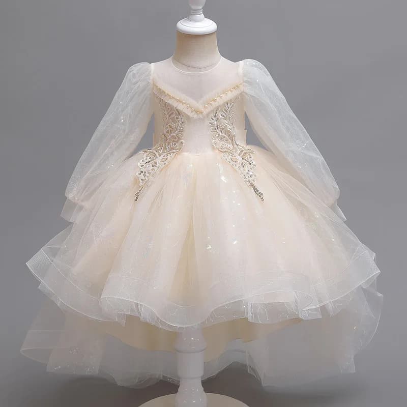 Girls Luxury Elegant Wedding Christening Party Evening Dresses 2025 Formal 10 Years Old Kids Children Long Sleeve One-piece Gown
