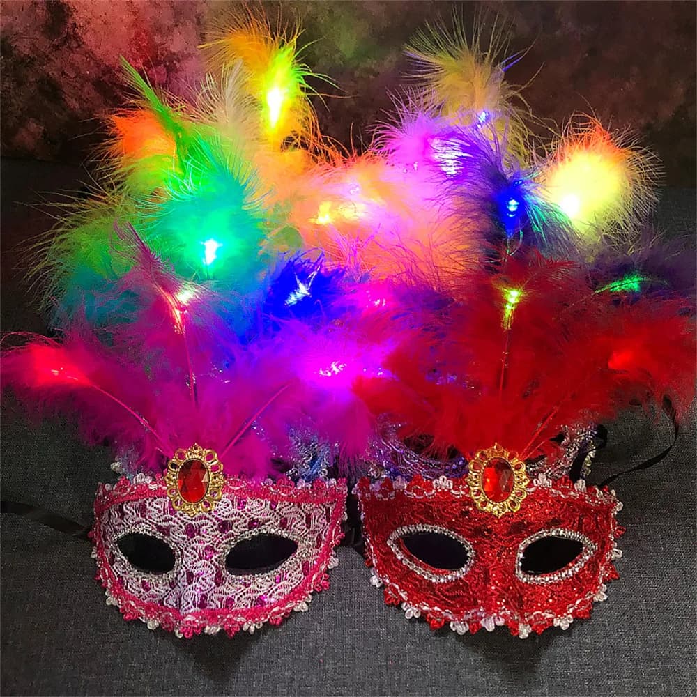 New Venetian Venice Glowing Feather Led Masks Woman Fancy Dance Party Eye Mask Carnival Halloween Masquerade Cosplay Costume
