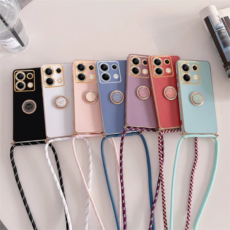 For Xiaomi Redmi Note 13 12 Pro 4G Plus 5G Luxury Plating Ring Holder Crossbody Lanyard Case On Mi Poco X6 M6 Note13 13pro Cover