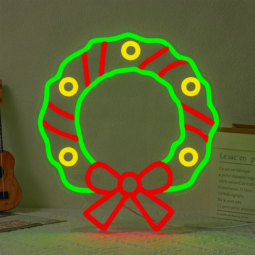 Christmas Wreath Neon Sign Xmas Bell Led Light Up Sign For Room Decoration Dimmable Wall Decor For Bedroom Home Party Shop USB