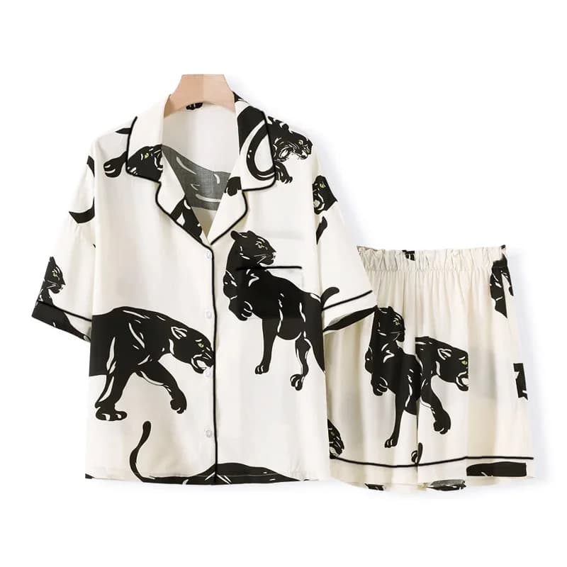 Women's Pijamas Sets Summer Short Sleeve Shorts Sleepwear Pajamas Female Leopard Western-style Home Clothes Satin Silk Pyjama
