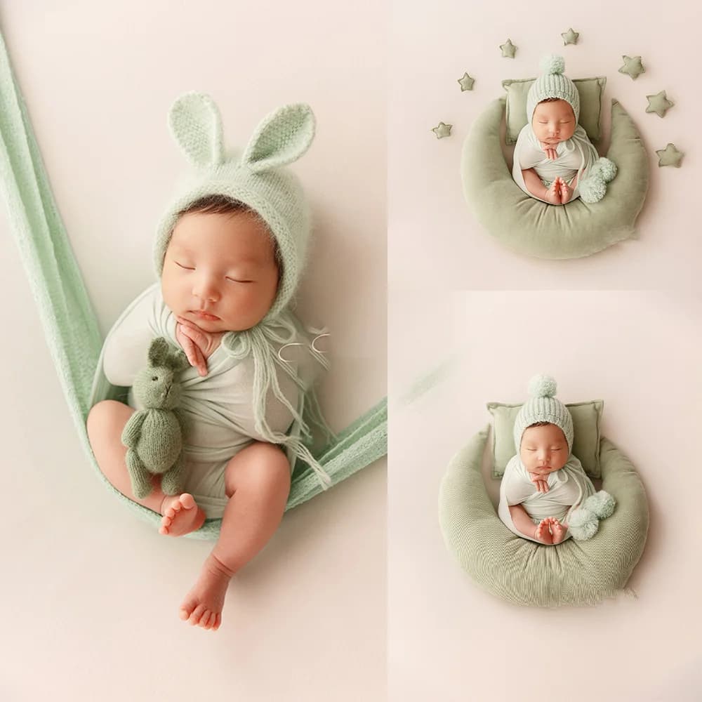 1 Month Newborn Baby Props for Photography Knitted Rabbit Ears Hat Bobbles Cap Bunny Doll Green Theme Infant Photography Props