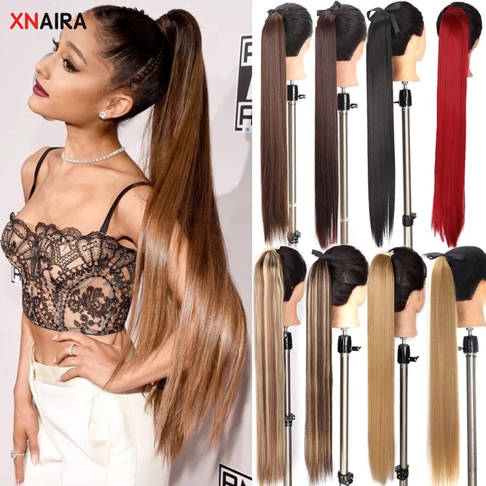 Xnaira Synthetic Long Straight Ponytail Hair Extensions Heat Resistant Hair 22Inch Wrap Around Pony Hairpiece for Women