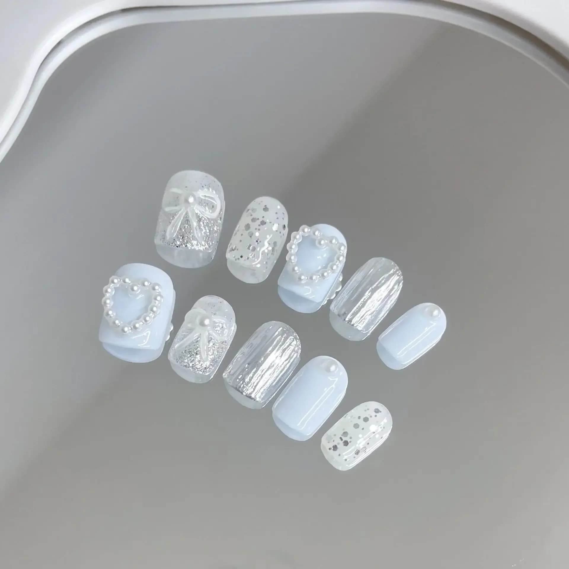 10Pcs White Handmade Press on Nails Bow Pearl Love Design Summer Short Ballet False Nails Full Cover Wearable Manicure Nail Tips