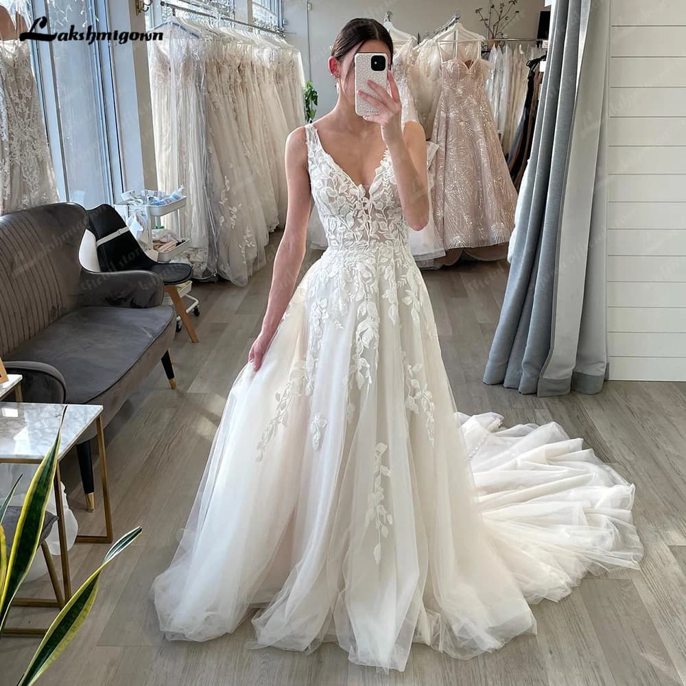 Lakshmigown V-Neck A-Line Wedding Dresses For Women Long Wedding Gowns Applique Customized Sexy Bride Dress  vestidos de novia