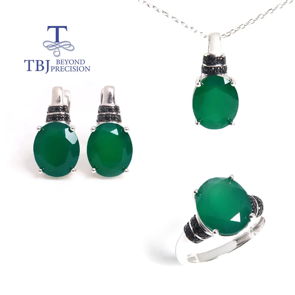 Luxury design Natural green agate Ring Earrings Necklace Jewelry Set 925 sterling silver Women's Anniversary & Banquet gift