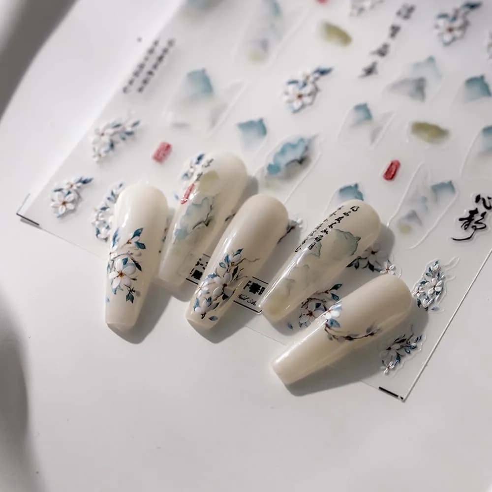 Pearl Flowers Chinese Nail Stickers Chinese Calligraphy Butterfly Chinese Nail Decals Nail Supplies Bronzing