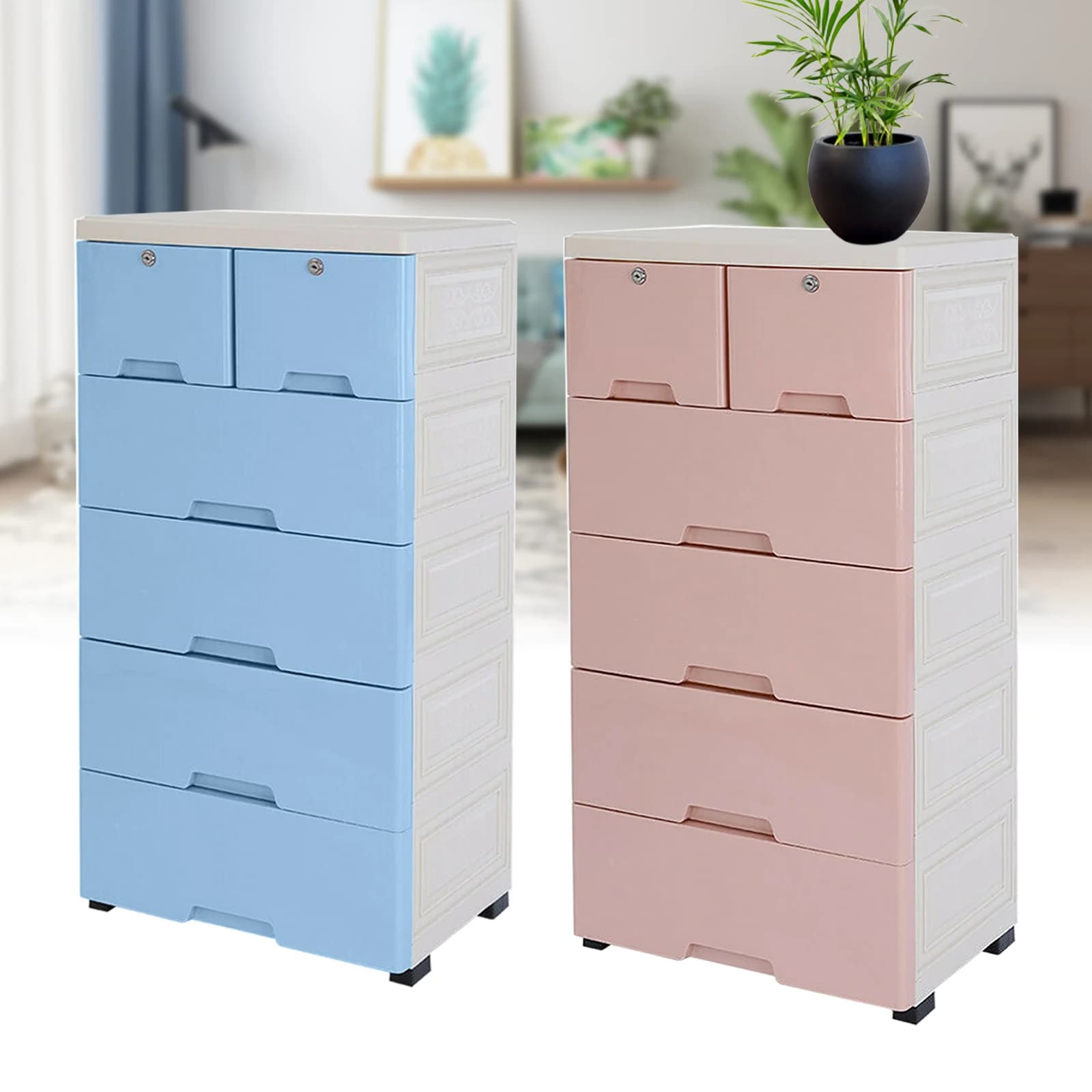 Plastic Clothing Storage Cabinet W/ 6 Drawers Storage Tower Closet Organizer Drawer Cabinet W/ 4 Wheels For Home Bedroom Storage