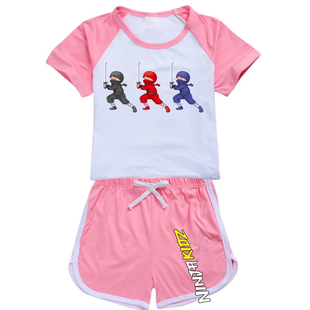 NINJA KIDZ Children Short-Sleeved Pajamas Set Summer Boys Girls Cartoon Casual Cotton Tshirt Top+Pants Sports Outfits
