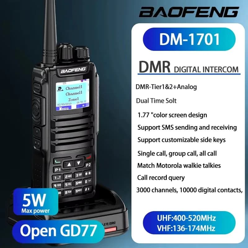 Baofeng Dm 1701 Digital Walkie Talkie Long Range Dual Mode DMR Analog Open Gd77 Dual Time slot Tier 1 +2 Dmr Radio 1801UV