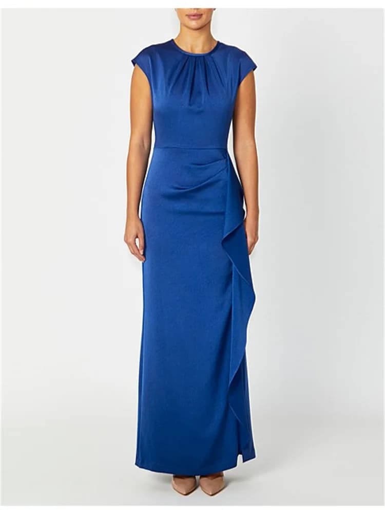 Hot Selling Round Neckline Extended Shoulders Satin Sheath Evening Dress Elegant Keyhole Back Zipper Floor Length Gown For Women