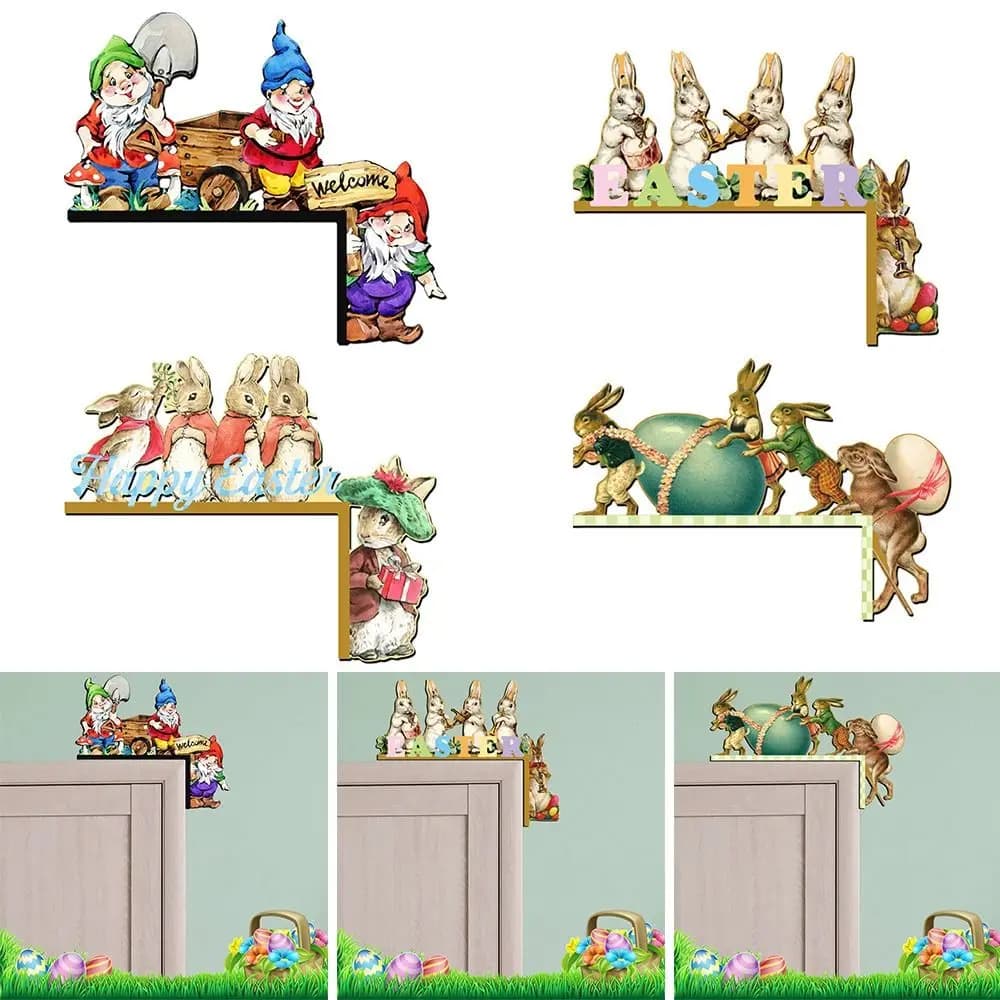 Easter Wood Door Corner Decor Cartoon Rabbit Elk Santa Christmas Door Frame Reindeer Frame Sign Wooden Pendant Party House Decor