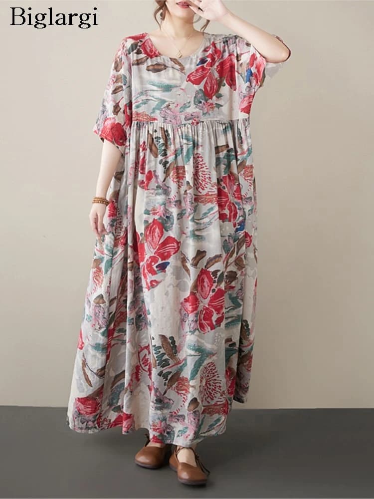Oversized Summer A-Line Dress Women Flower Floral Print Fashion Casual Loose Ladies Dresses Ruffle Pleated Woman Dress