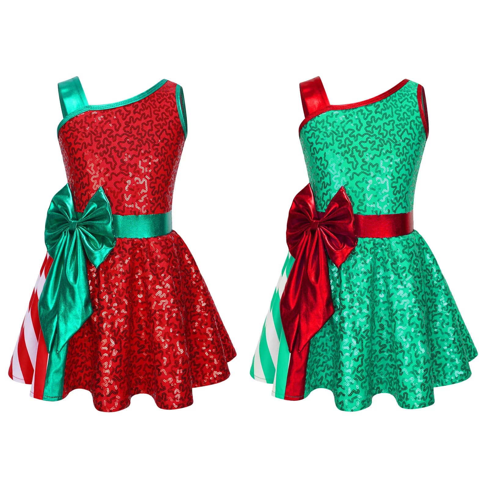 Sequin Kids Girls Christmas Costume Xmas New Year Miss Santa Clause Cosplay Sleeveless Stripe Bow Tutu Dress Latin Jazz Dancewer