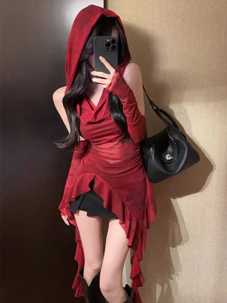 Red Mesh See Through Top Streetwear Hooded T-shirt Irregular Ruffle Oversleeve Tops for Women Sexy Y2k Clothing