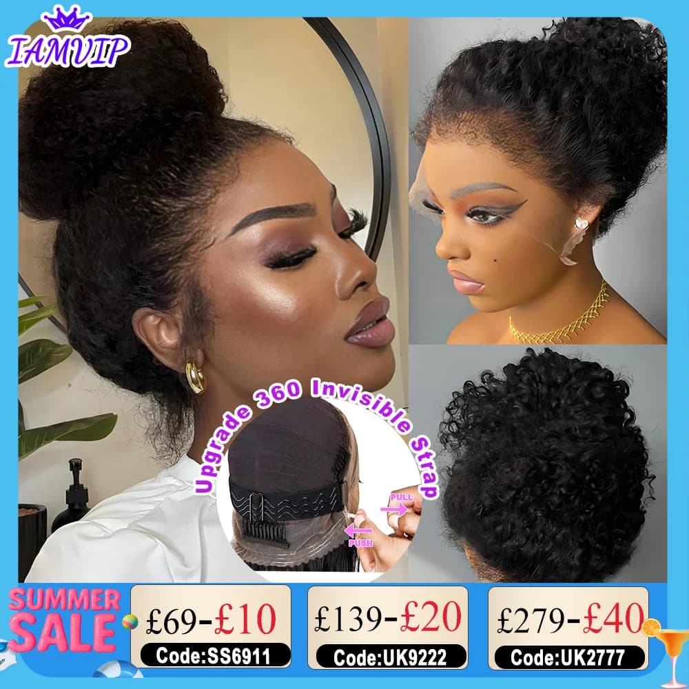 250 Density Invisi Strap 360 Full HD Lace Frontal Kinky Curly Wig Black Human Hair Drawstring Snug 30 inch Water Wig Glueless